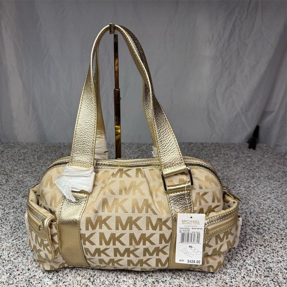 Michael Kors Harrison Large Satchel Handbag Beige Gold MK Monogram​